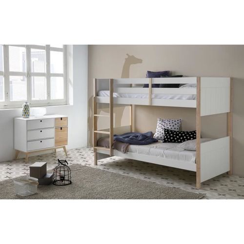 Lit superposé 90 x 200 cm - Blanc pin massif - Sommier inclus - L 200 x P 104 x H 155 cm - YARA - Photo n°3; ?>
