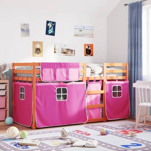 Lit superposé avec rideaux rose 80x200 cm bois pin massif - Photo n°3; ?>