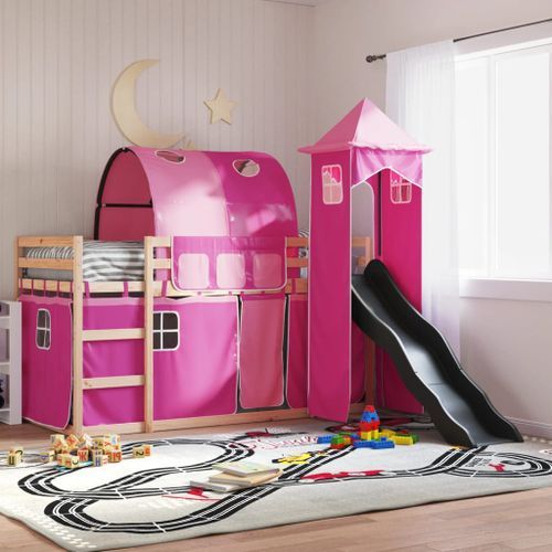 Lit superposé avec toboggan et rideaux rose 90x190 cm - Photo n°3; ?>