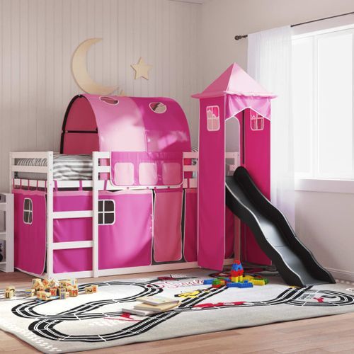 Lit superposé avec toboggan et rideaux rose 90x190 cm - Photo n°3; ?>