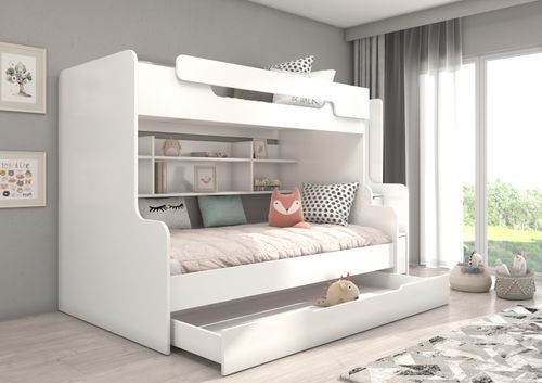 Lit superposé bois blanc 3 couchages 90x200 cm avec étagère et escaliers de rangement Karel - Photo n°2; ?>