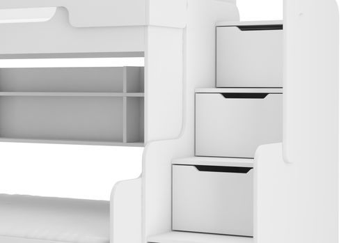 Lit superposé bois blanc 3 couchages 90x200 cm avec étagère et escaliers de rangement Karel - Photo n°3; ?>