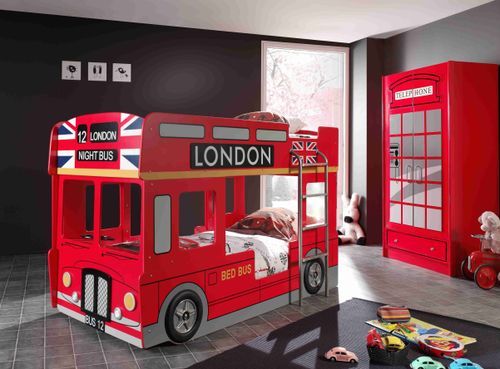 Lit superposé bus Londres 90x200 cm bois laqué rouge Cara - Photo n°2; ?>