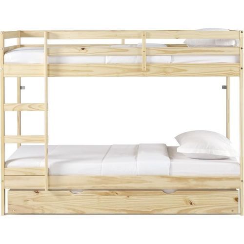 Lit superposé enfant avec tiroir lit - Bois Pin massif - Naturel - Sommiers inclus - 3 x 90 x 190 cm - FOSTER - Photo n°2; ?>