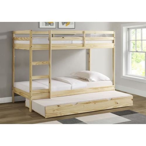 Lit superposé enfant avec tiroir lit - Bois Pin massif - Naturel - Sommiers inclus - 3 x 90 x 190 cm - FOSTER - Photo n°3; ?>