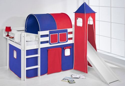Lit surélevé blanc laqué toboggan Rideau et Tour bleu rouge 90x190cm - Photo n°2; ?>