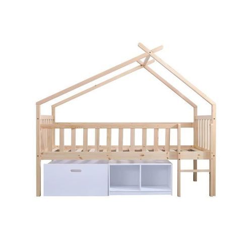 Lit surélevé enfant avec bacs de rangements - Pin massif - Bicolor Brut/Blanc - Sommier inclus - 90x190 cm - ELIDJA - Photo n°2; ?>