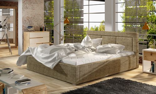 Lit tissu beige chiné grand carré capitonné Berlino - 4 tailles - Photo n°2; ?>