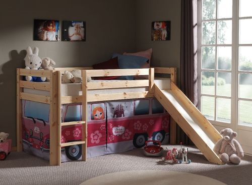 Lit toboggan 90x200 cm avec tente bus princesse pin massif clair Pino - Photo n°3; ?>