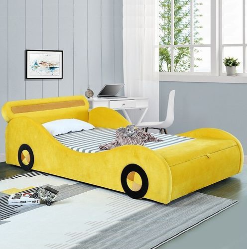 Lit voiture avec coffre tissu jaune Racer 90x190 cm - Photo n°2; ?>