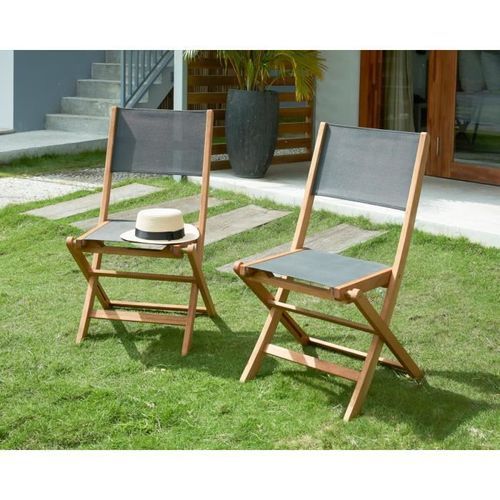 Lot de 4 chaises de jardin en bois d'acacia FSC et assise textilene - 50 x 57 x 90 cm - Gris - Photo n°3; ?>