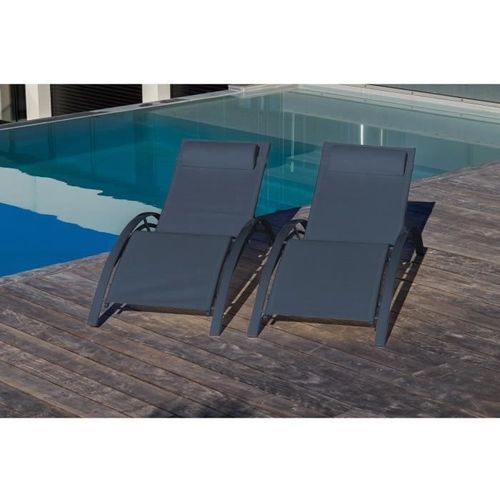 LOUNGITUDE Lot de 2 transats en aluminium noir et toile en textilene gris - Photo n°2; ?>