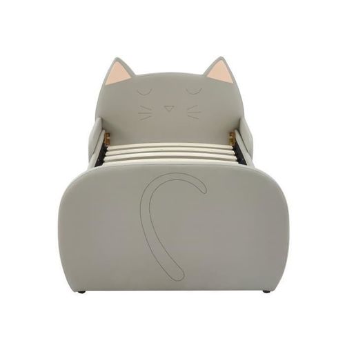 Lit enfant chat avec sommier contemporain en contreplaqué et bois massif gris - l 90 x L190 cm - Photo n°3; ?>