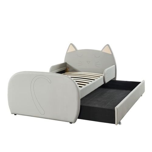 Lit enfant chat - Style junior - Simili gris - Sommier inclus - l 90 x L 190 cm - Photo n°2; ?>