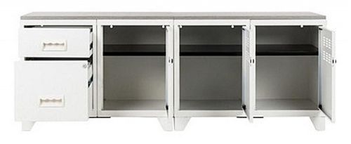 Meuble bas 3 portes 2 tiroirs métal blanc et plateau chêne naturel Naya L 160 cm - Photo n°3; ?>