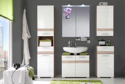 Meuble bas de salle de bain 1 porte 1 tiroir blanc brillant et chêne clair Varok 37 cm - Photo n°3; ?>