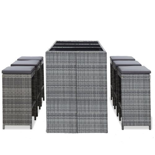 Meuble de bar de jardin 7 pcs et coussins Résine tressée Gris - Photo n°3; ?>