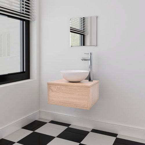 Meuble de salle de bain 4 pcs avec lavabo et robinet Beige - Photo n°2; ?>