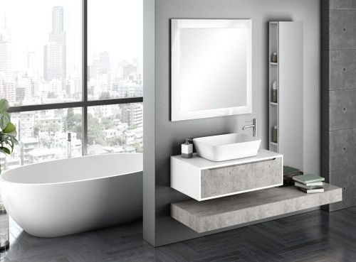 Meuble de salle de bain laqué blanc et effet béton 1 tiroir Selb L 90 cm - Photo n°2; ?>