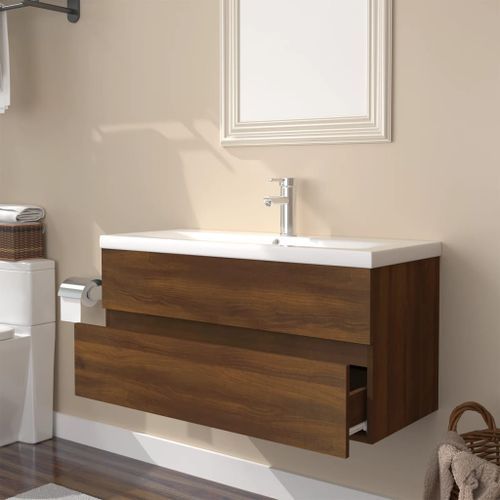 Meuble lavabo avec bassin intégré Chêne brun Bois d'ingénierie - Photo n°3; ?>