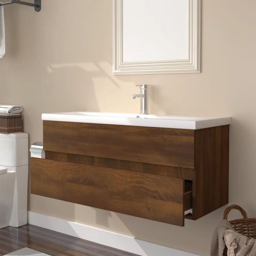 Meuble lavabo avec bassin intégré Chêne brun Bois d'ingénierie - Photo n°3; ?>