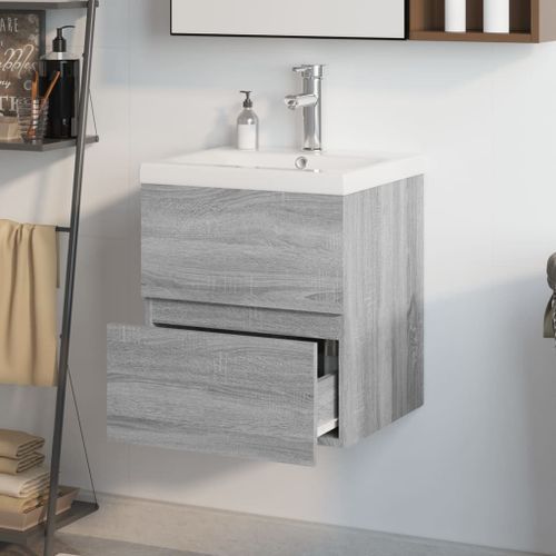 Meuble lavabo avec bassin intégré Sonoma gris Bois d'ingénierie - Photo n°3; ?>