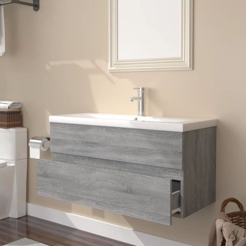 Meuble lavabo avec bassin intégré Sonoma gris Bois d'ingénierie - Photo n°3; ?>