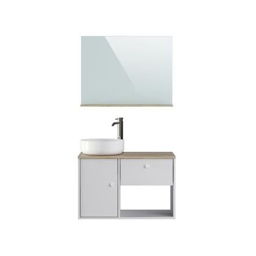 Meuble salle de bain avec vasque + miroir - 1 tiroir 1 portes - Décor chene et blanc - L 80 x P 46 x H 63 cm - LARS - Photo n°2; ?>
