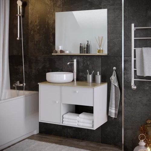 Meuble salle de bain avec vasque + miroir - 1 tiroir 1 portes - Décor chene et blanc - L 80 x P 46 x H 63 cm - LARS - Photo n°3; ?>