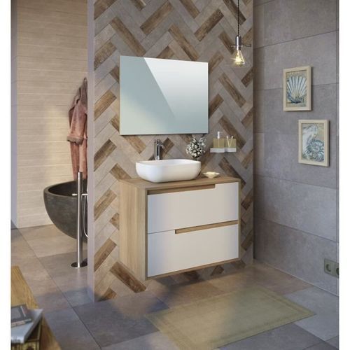 Meuble salle de bain avec vasque + miroir - 2 tiroirs - Décor chene et banc - L 80 x P 46 x H 75 cm - LENA - Photo n°3; ?>