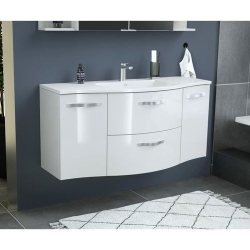 Meuble salle de bain L 120 cm - 2 tiroirs 2 portes + Vasque - Blanc - ONDE - Photo n°2; ?>
