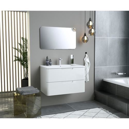 Meuble salle de bain L 80 - 2 tiroirs + vasque - Blanc - RONDO - Photo n°2; ?>