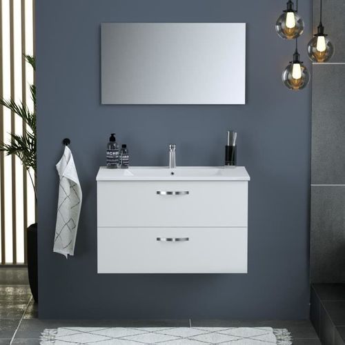 Meuble salle de bain + Vasque + Miroir - 2 tiroirs - Blanc - L 80 cm - FUNNY - Photo n°3; ?>