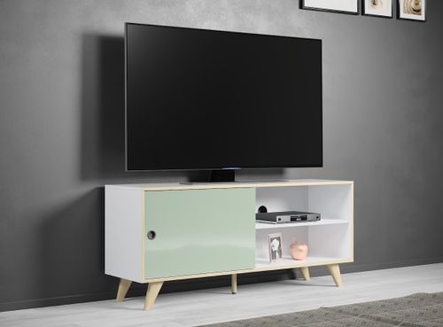 Meuble TV 1 porte 2 niches bois blanc, vert et naturel Mélanie - Photo n°2; ?>