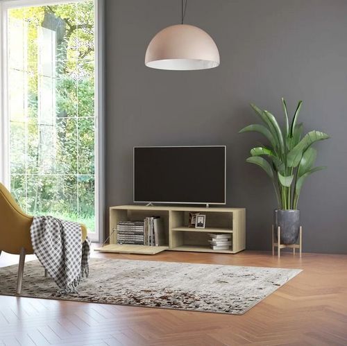 Meuble TV 1 porte 2 niches bois chêne clair Issero 120 cm - Photo n°3; ?>