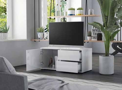 Meuble TV 1 porte 2 tiroirs bois blanc brillant Ressi 80 cm - Photo n°3; ?>