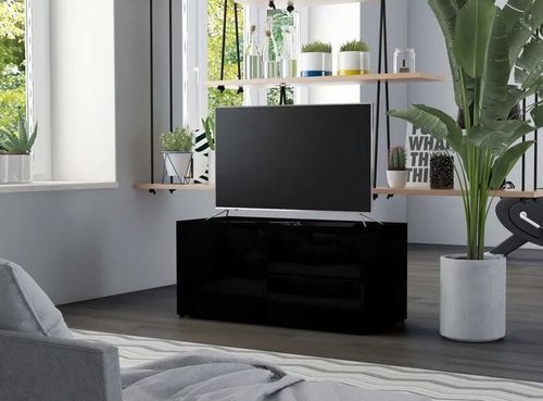 Meuble TV 1 porte 2 tiroirs bois noir brillant Ressi 80 cm - Photo n°3; ?>