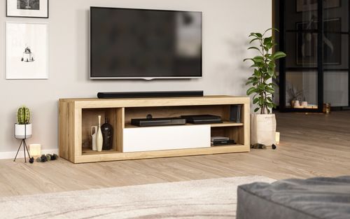 Meuble TV 1 porte 3 niches bois naturel et blanc Kopar 140 cm - Photo n°3; ?>