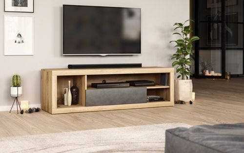 Meuble TV 1 porte 3 niches bois naturel et gris foncé Kopar 140 cm - Photo n°2; ?>