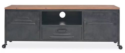 Meuble TV 2 portes 1 niche 1 tiroir pin massif clair et métal noir Kako - Photo n°2; ?>