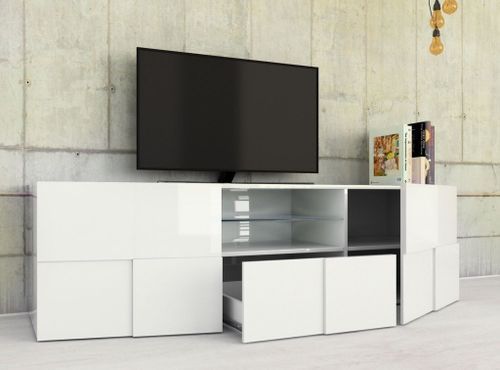 Meuble TV 2 portes 1 tiroir bois laqué blanc brillant Namob L 180 cm - Photo n°3; ?>