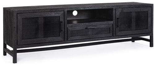 Meuble TV 2 portes 1 tiroir en bois massif noir de manguier et rotin noir Waky 180 cm - Photo n°2; ?>
