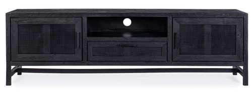 Meuble TV 2 portes 1 tiroir en bois massif noir de manguier et rotin noir Waky 180 cm - Photo n°3; ?>
