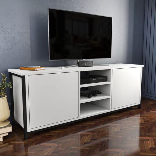 Meuble TV 2 portes 2 étagères acier noir et bois blanc Klazika 140 cm - Photo n°2; ?>