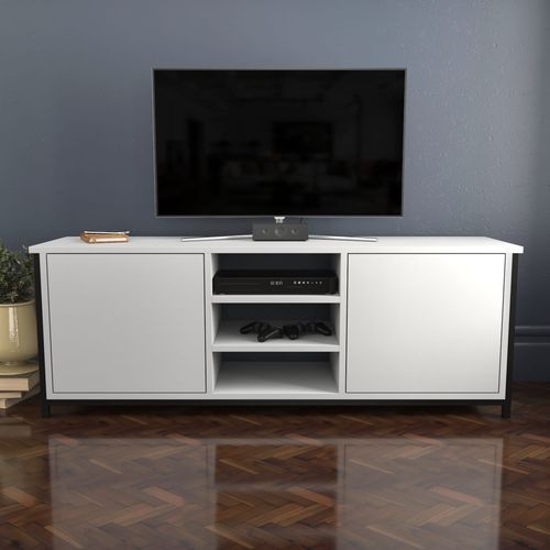 Meuble TV 2 portes 2 étagères acier noir et bois blanc Klazika 140 cm - Photo n°3; ?>