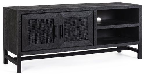 Meuble TV 2 portes 2 étagères en bois massif noir de manguier et rotin noir Waky 130 cm - Photo n°2; ?>