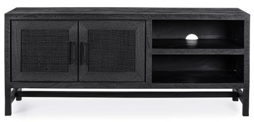 Meuble TV 2 portes 2 étagères en bois massif noir de manguier et rotin noir Waky 130 cm - Photo n°3; ?>