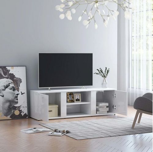Meuble TV 2 portes 2 niches bois blanc brillant Syllo 120 cm - Photo n°3; ?>