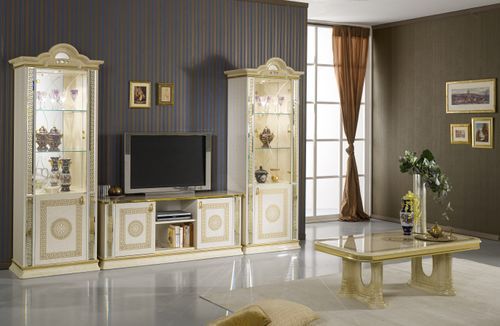 Meuble TV 2 portes 2 niches bois vernis laqué brillant beige et doré Venus 154 cm - Photo n°3; ?>