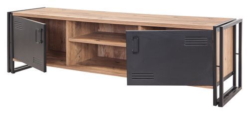 Meuble TV 2 portes 2 niches style industriel bois chêne clair et métal noir Dukita 180 cm - Photo n°2; ?>